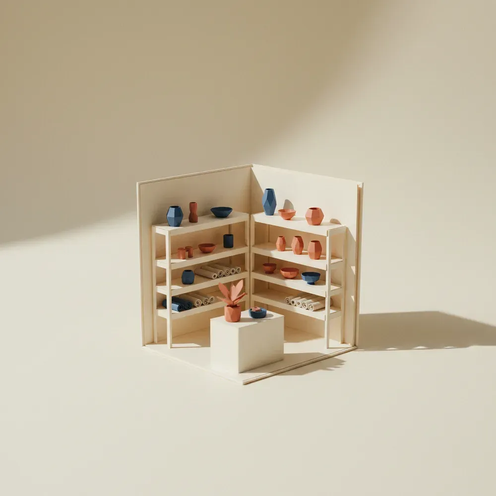 A paper pop-up shop scene with tiny shelves and products